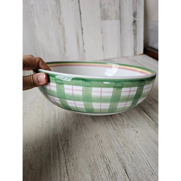 Vintage Italy Christmas serving bowl oales? Xmas plaid green large centerpiece - Picture 5 of 7